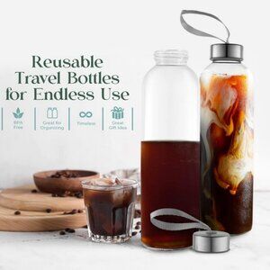 TWO 16 Ounce Glass Water Bottles Stainless Lid Carrying Straps Black Sleeve